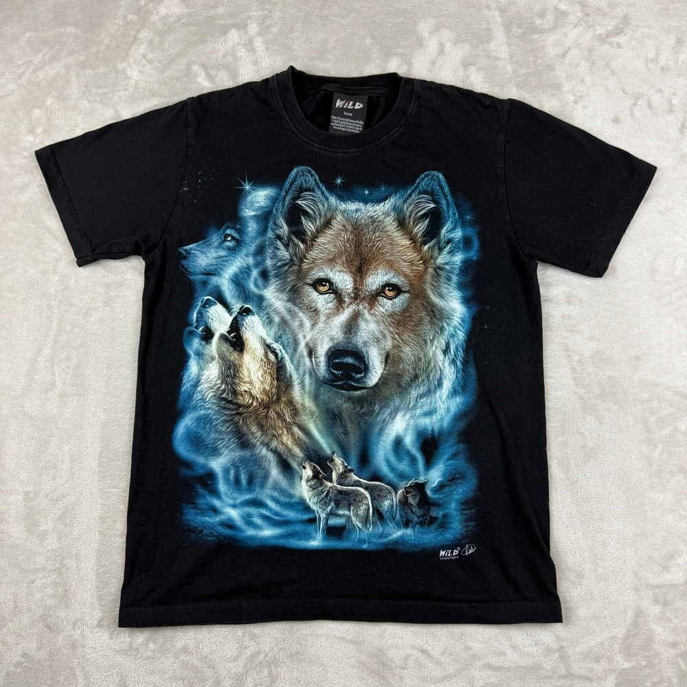 WILD T-Shirt Mens Medium Black Wolf Pack Wolves Howling Graphic Spirit Animal